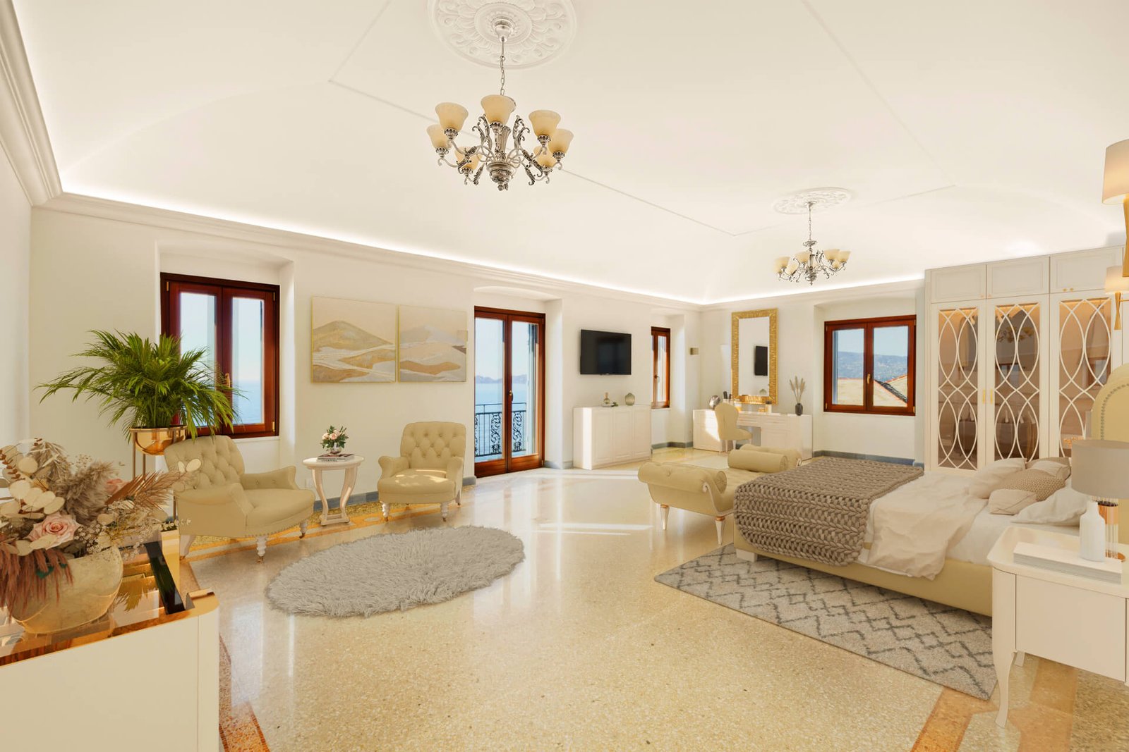 Camera da letto di lusso con virtual staging in villa vista mare, arredo elegante e moderno