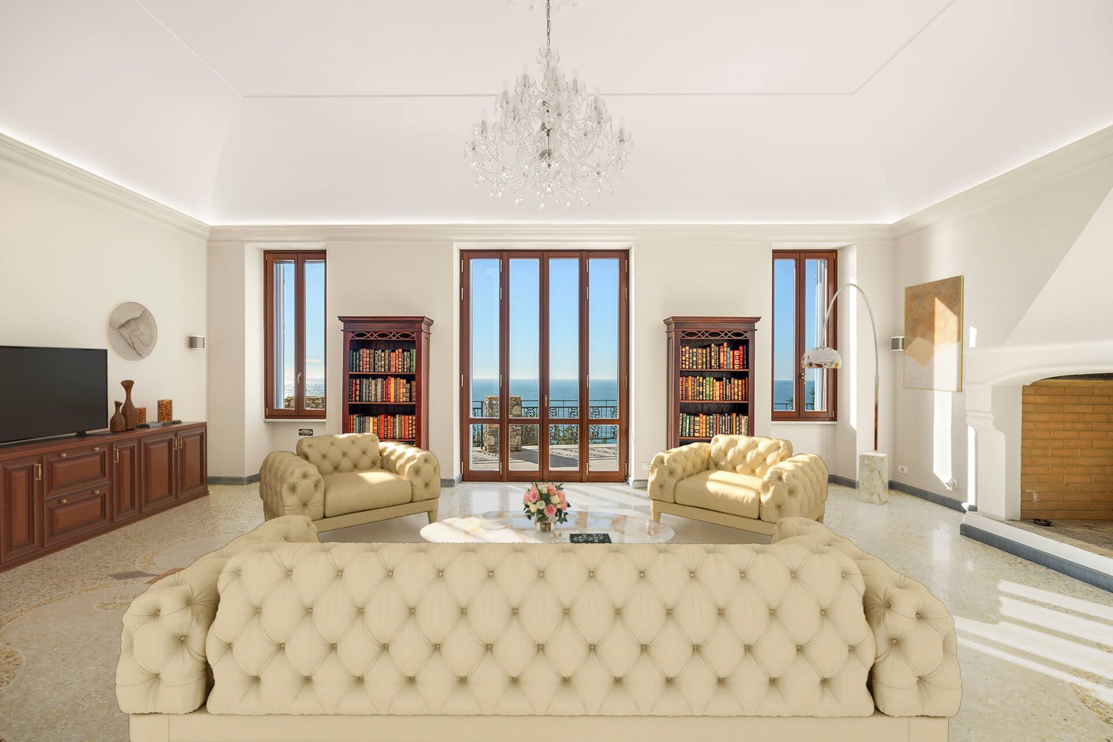 Salone arredato con virtual staging in stile elegante con vista mare