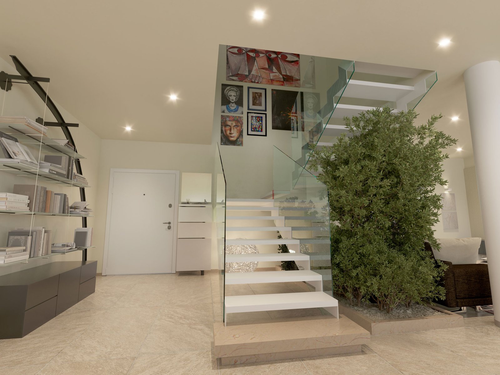 Rendering fotorealistico dell’ingresso di una casa privata con scala a vista in vetro e libreria custom modellata su arredo esistente