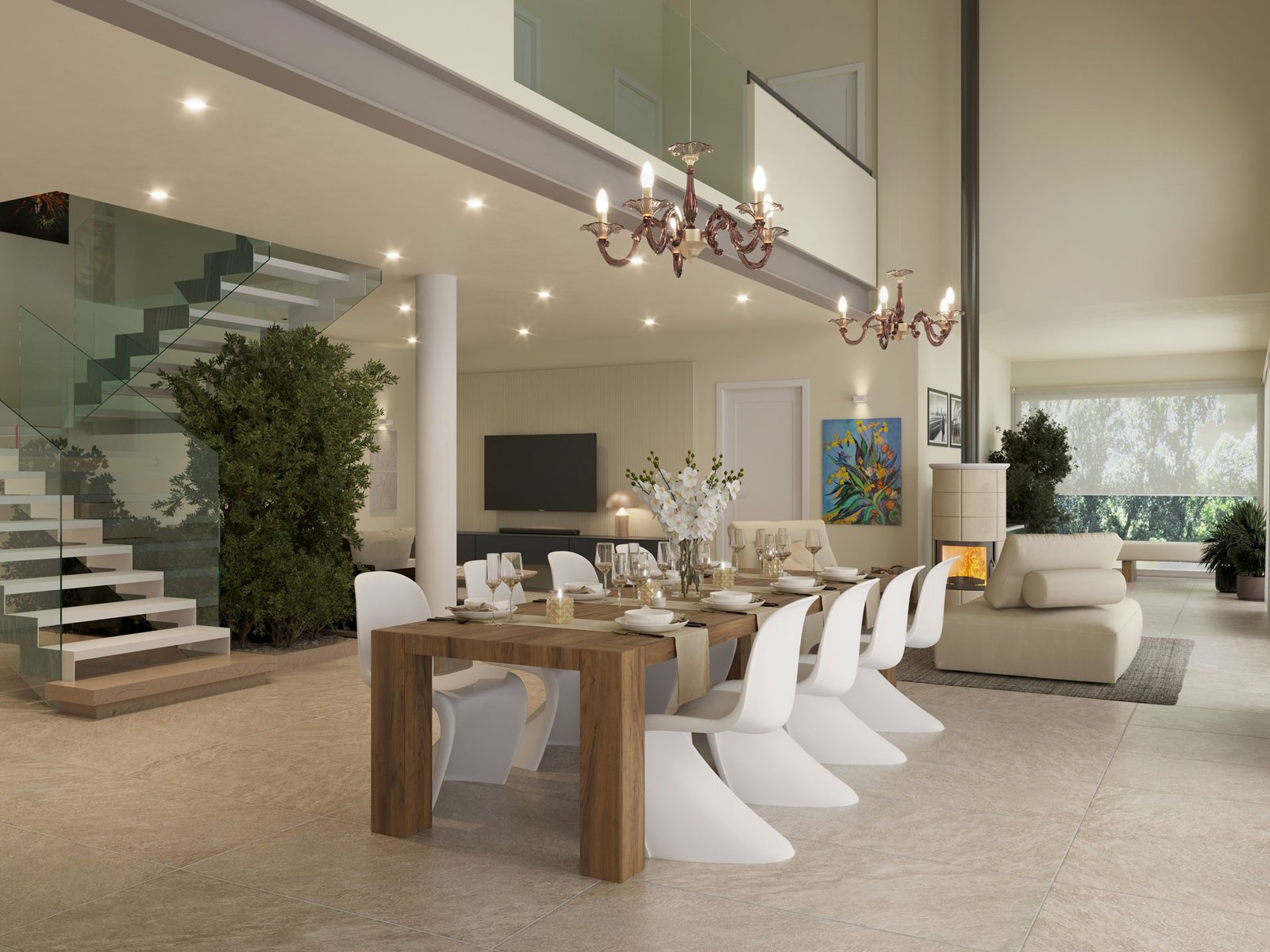Rendering fotorealistico della sala da pranzo e del living con arredi configurati, illuminazione studiata e materiali definiti dal progetto