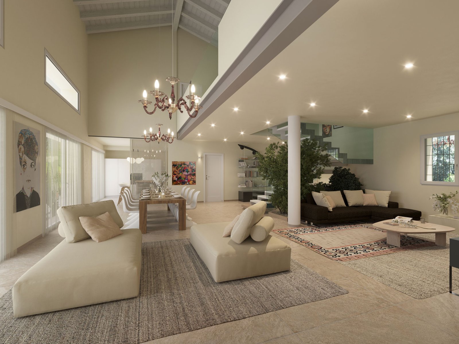 Rendering interior design della zona giorno open space con doppio volume, area pranzo e living progettati per abitazione privata