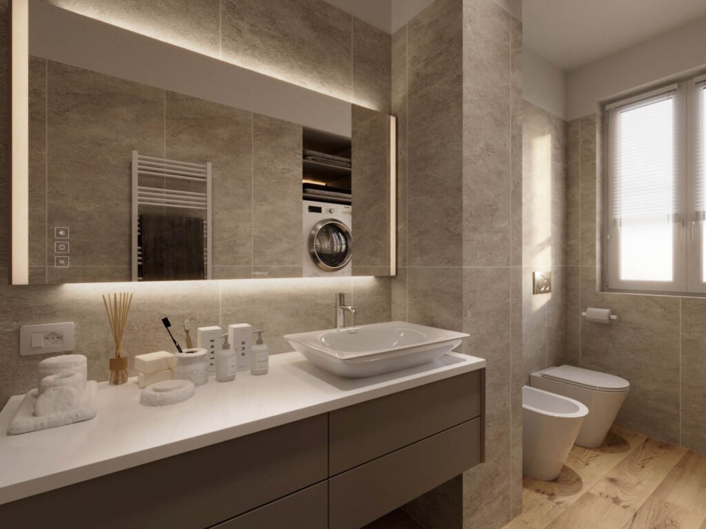 render bagno moderno con lavanderia