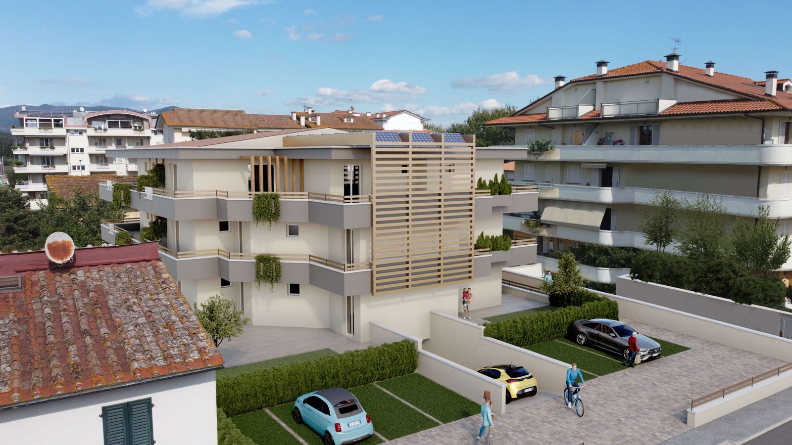 Fotoinserimento architettura condominio a Pisa vista dalla strada con inserimento realistico nel contesto urbano