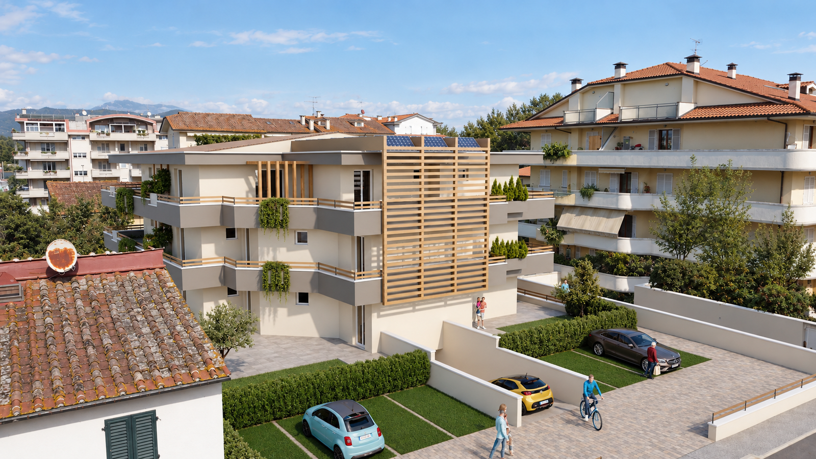 Fotoinserimento architettura condominio a Pisa vista dalla strada con inserimento realistico nel contesto urbano
