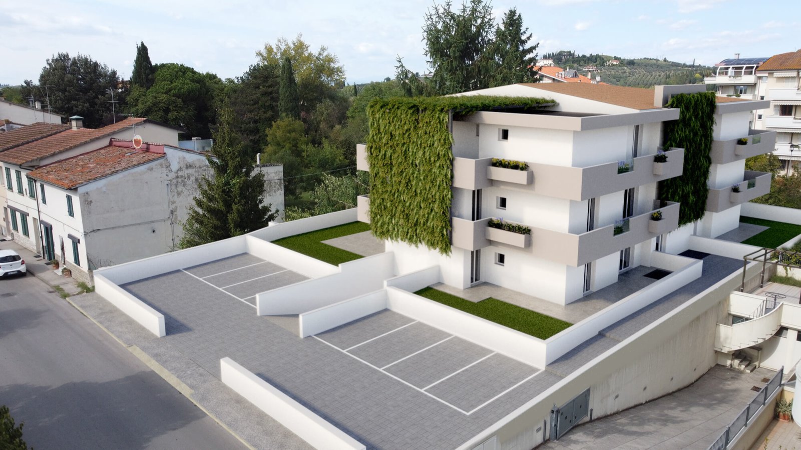 Fotoinserimento architettura condominio con verde verticale per studio della facciata a Pisa