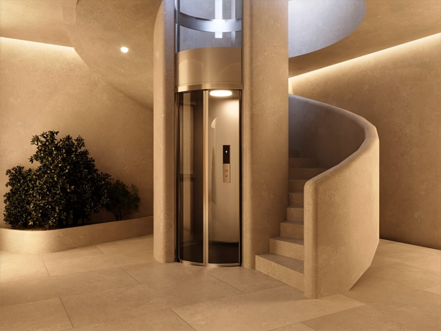 render ascensore condominio moderno milano con scala e design curvo