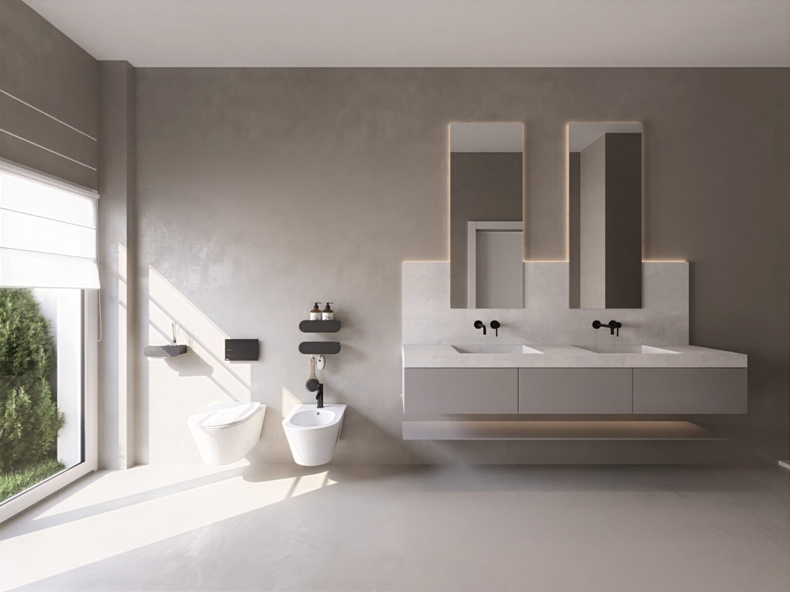 render bagno design minimal milano con doppio lavabo sospeso