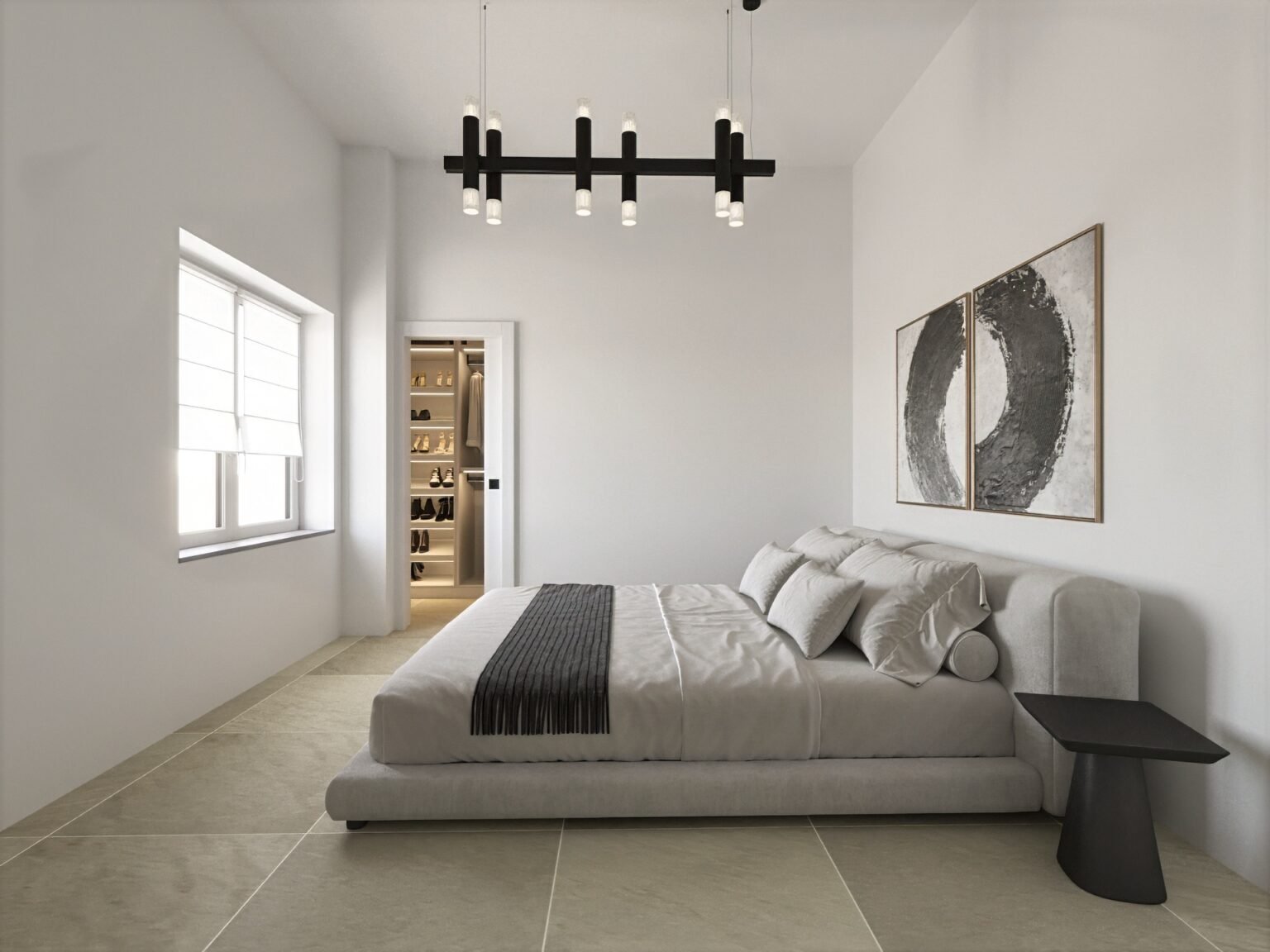 render camera matrimoniale moderna milano con cabina armadio