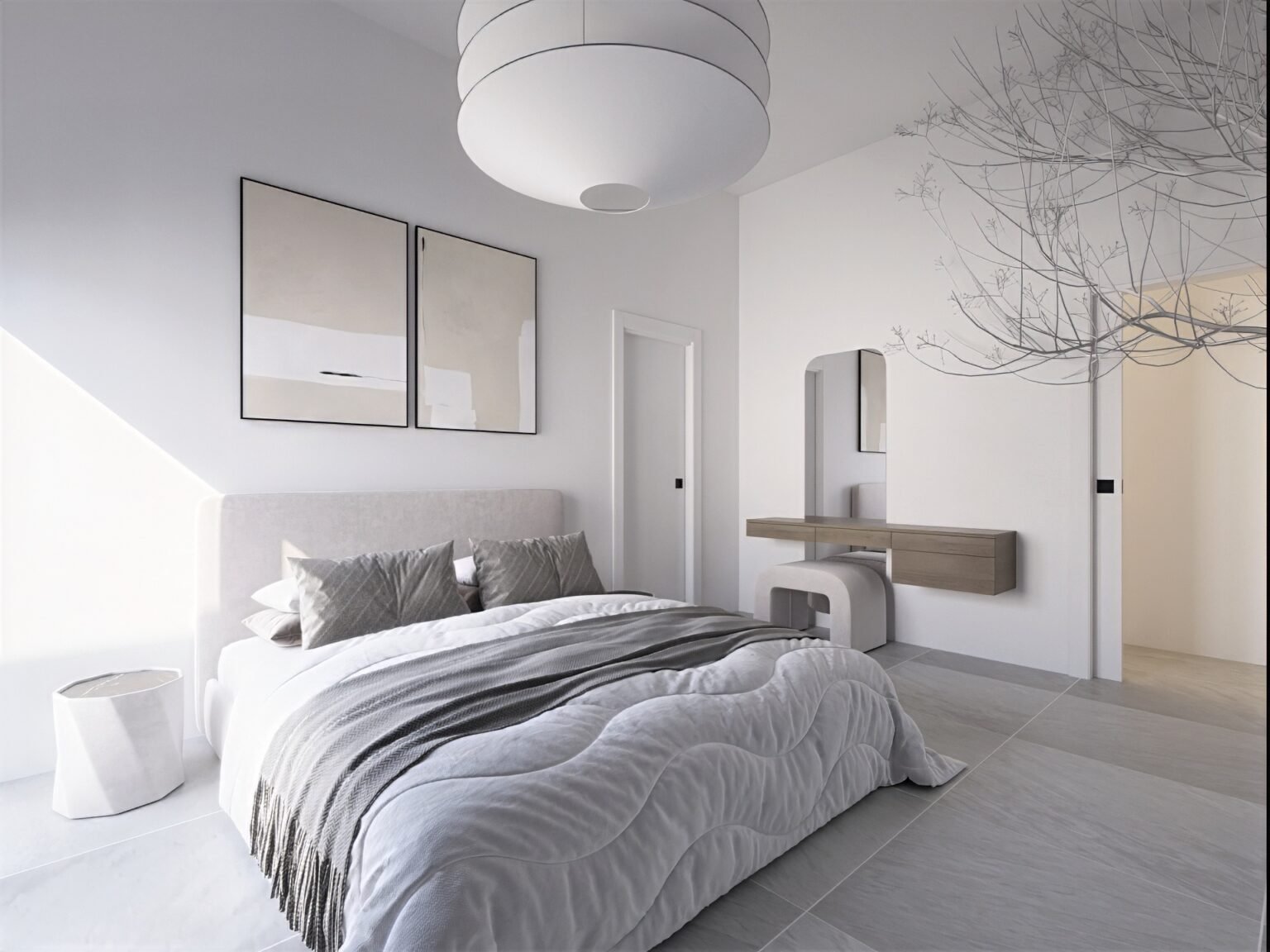 render camera moderna milano luminosa con arredi minimal