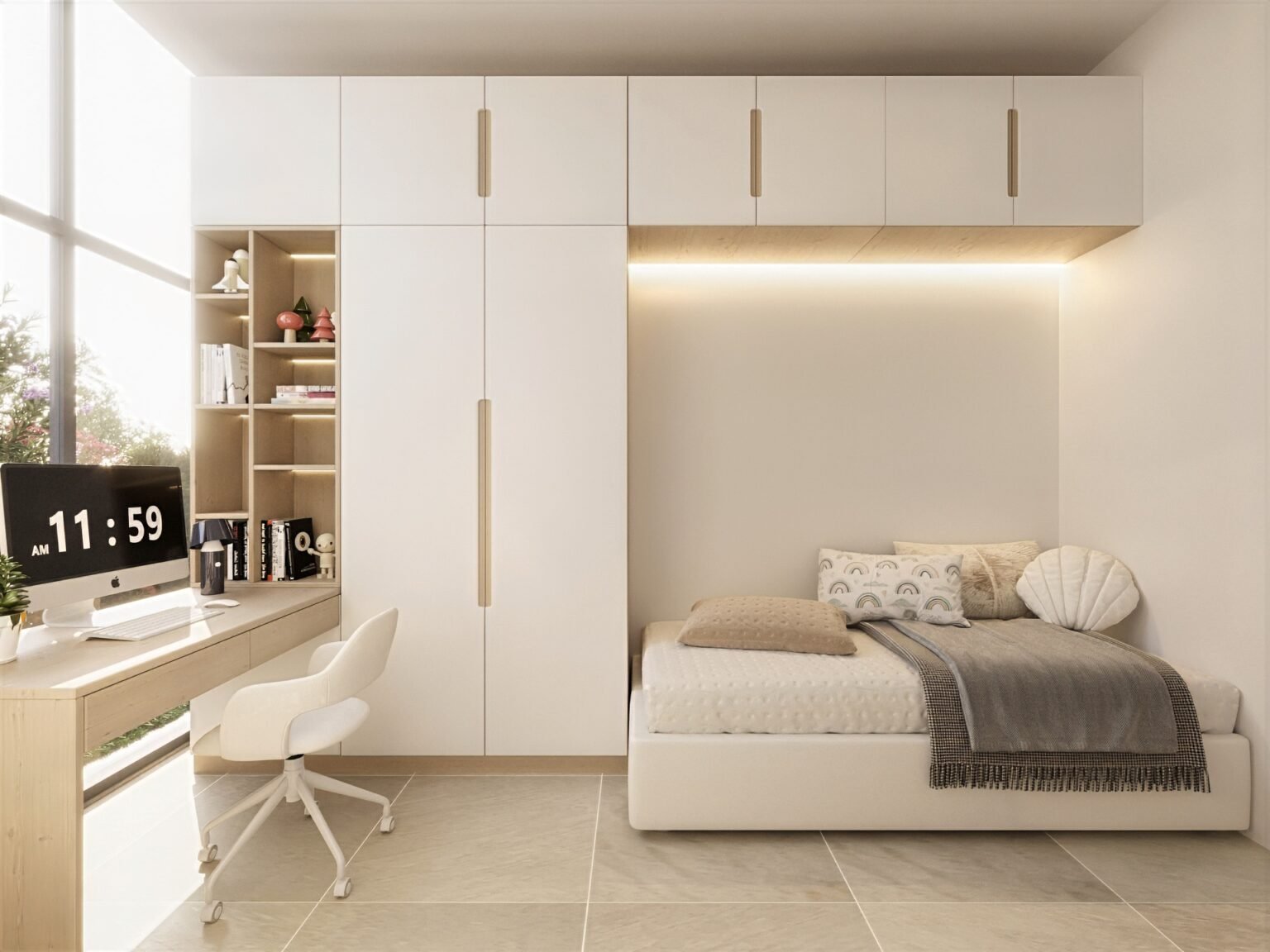 render cameretta moderna appartamento milano con scrivania e armadi su misura