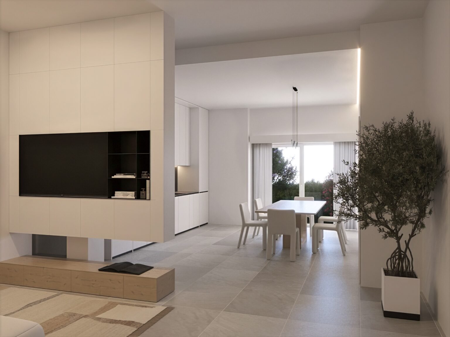 render soggiorno minimal moderno milano con divano e luce naturale