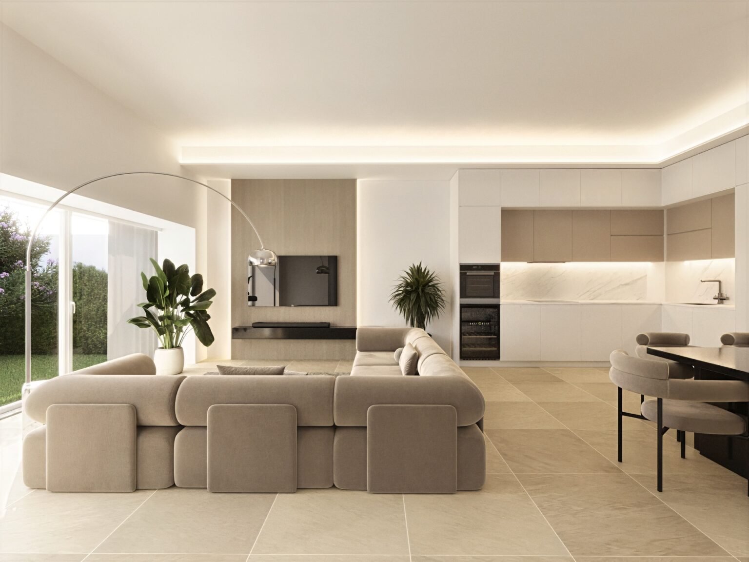 render soggiorno open space moderno milano con cucina integrata