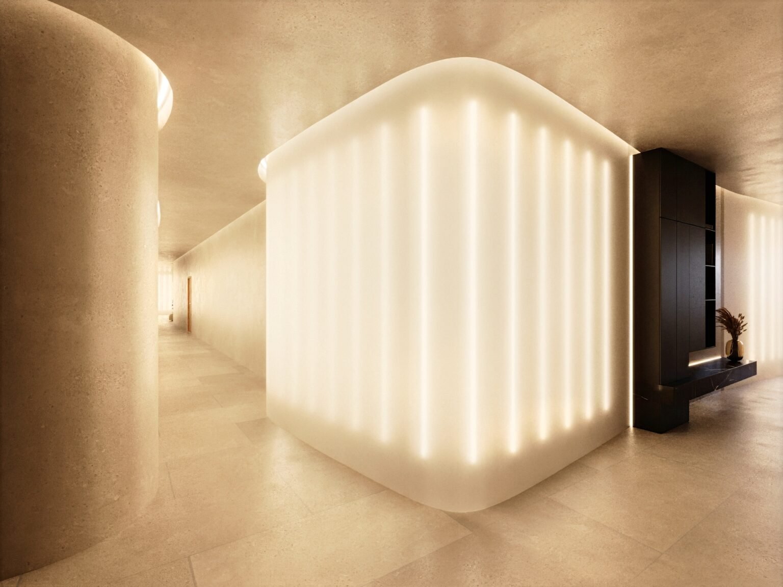 render spazi comuni condominio milano con forme organiche e luce indiretta