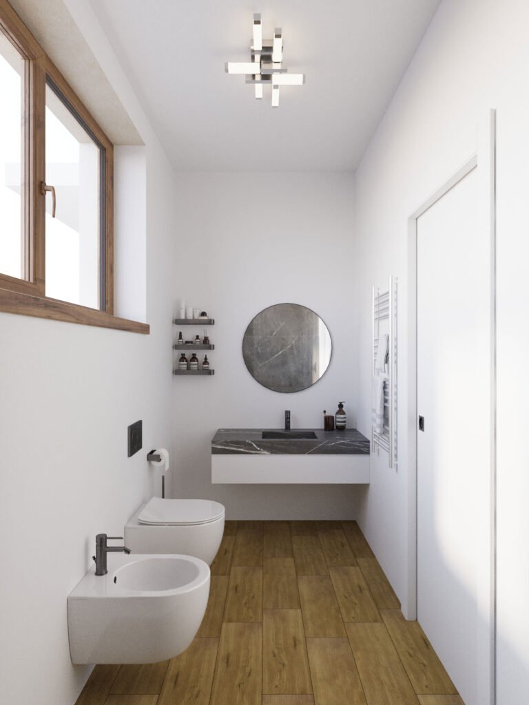 Render bagno moderno con lavabo sospeso, sanitari minimal e finiture contemporanee