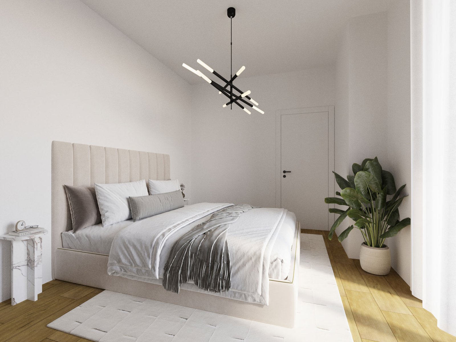 Render camera matrimoniale moderna con letto imbottito, comodino in marmo e armadio a specchio