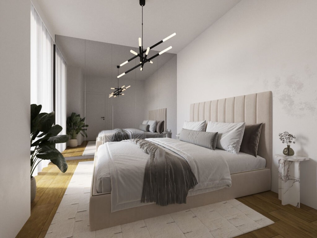 Render camera da letto matrimoniale in appartamento moderno con arredi neutri e illuminazione contemporanea
