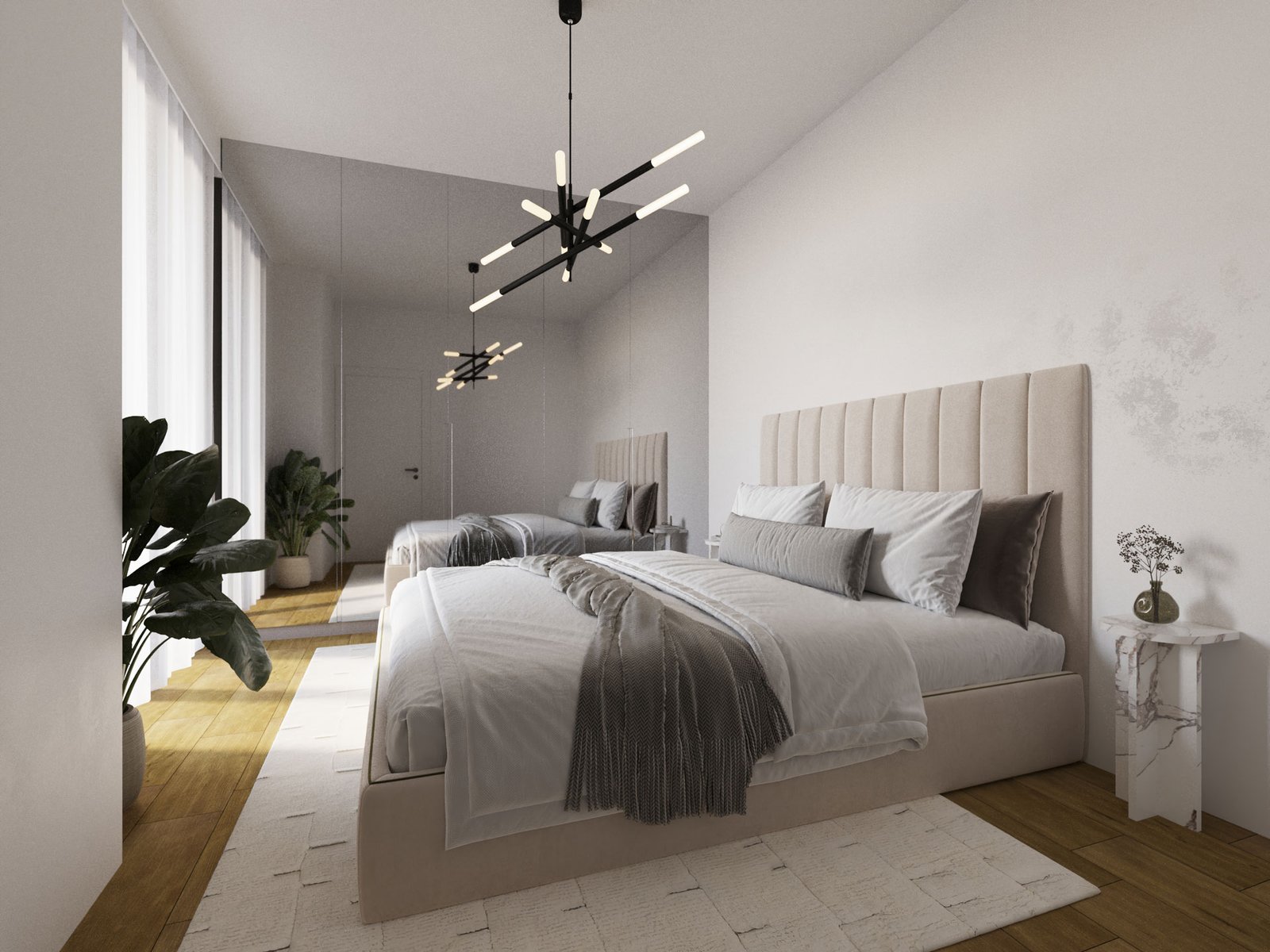 Render camera da letto matrimoniale in appartamento moderno con arredi neutri e illuminazione contemporanea