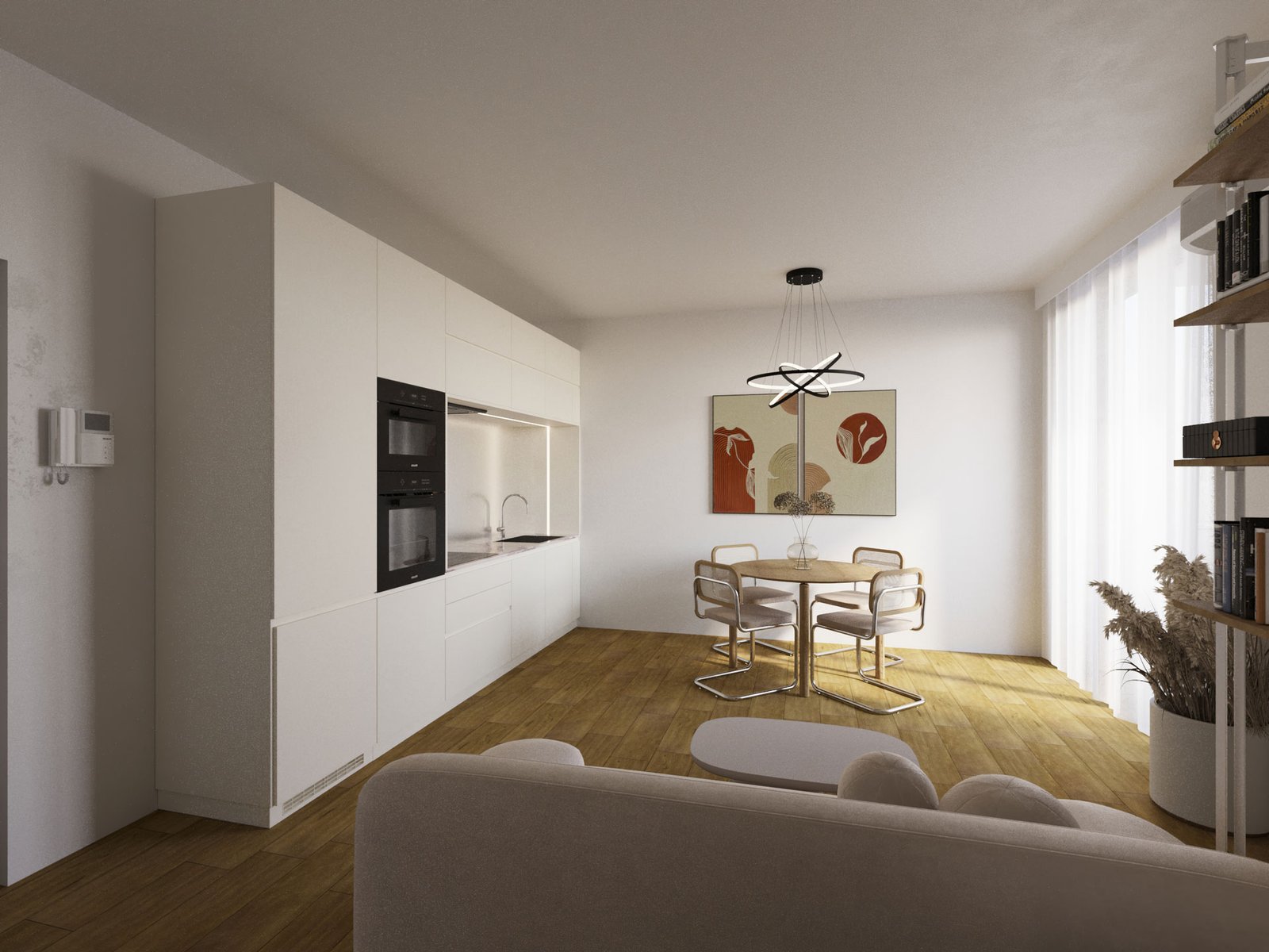 Render cucina e zona pranzo in appartamento moderno con arredi coordinati e luce naturale