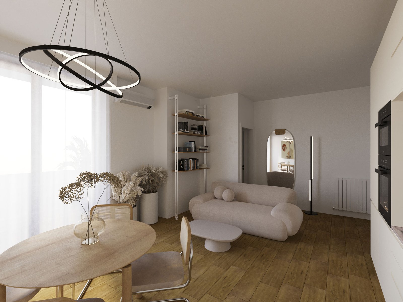 Render zona giorno di appartamento moderno con soggiorno, tavolo da pranzo e arredi contemporanei