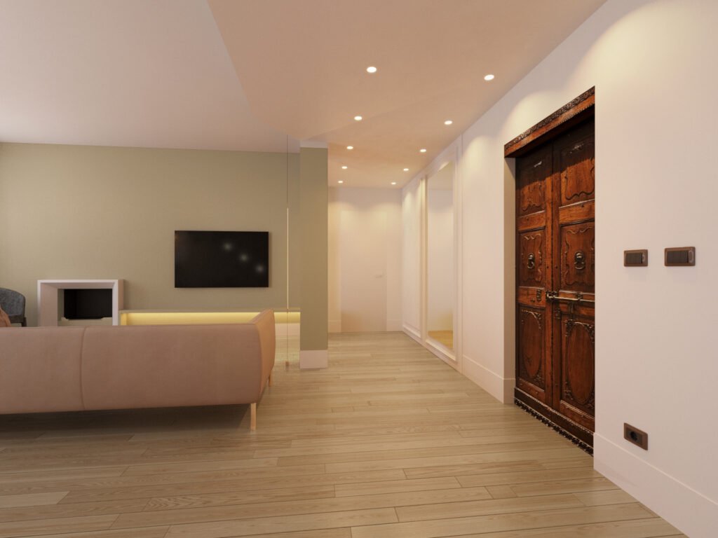 Render interior design fotorealistico del corridoio di ingresso collegato alla zona giorno