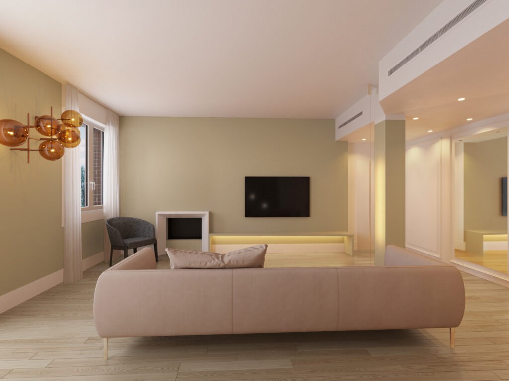 Render interior design fotorealistico della zona giorno con arredo chiaro e parete TV