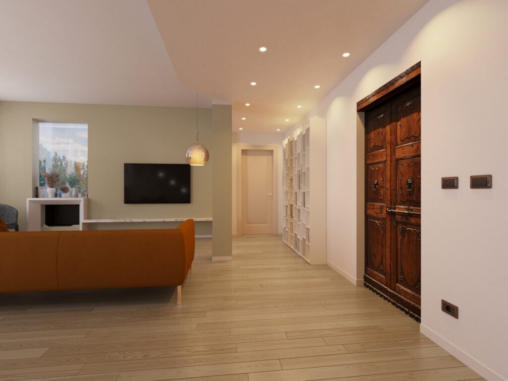 Render fotorealistico del corridoio di ingresso con continuità visiva verso la zona living