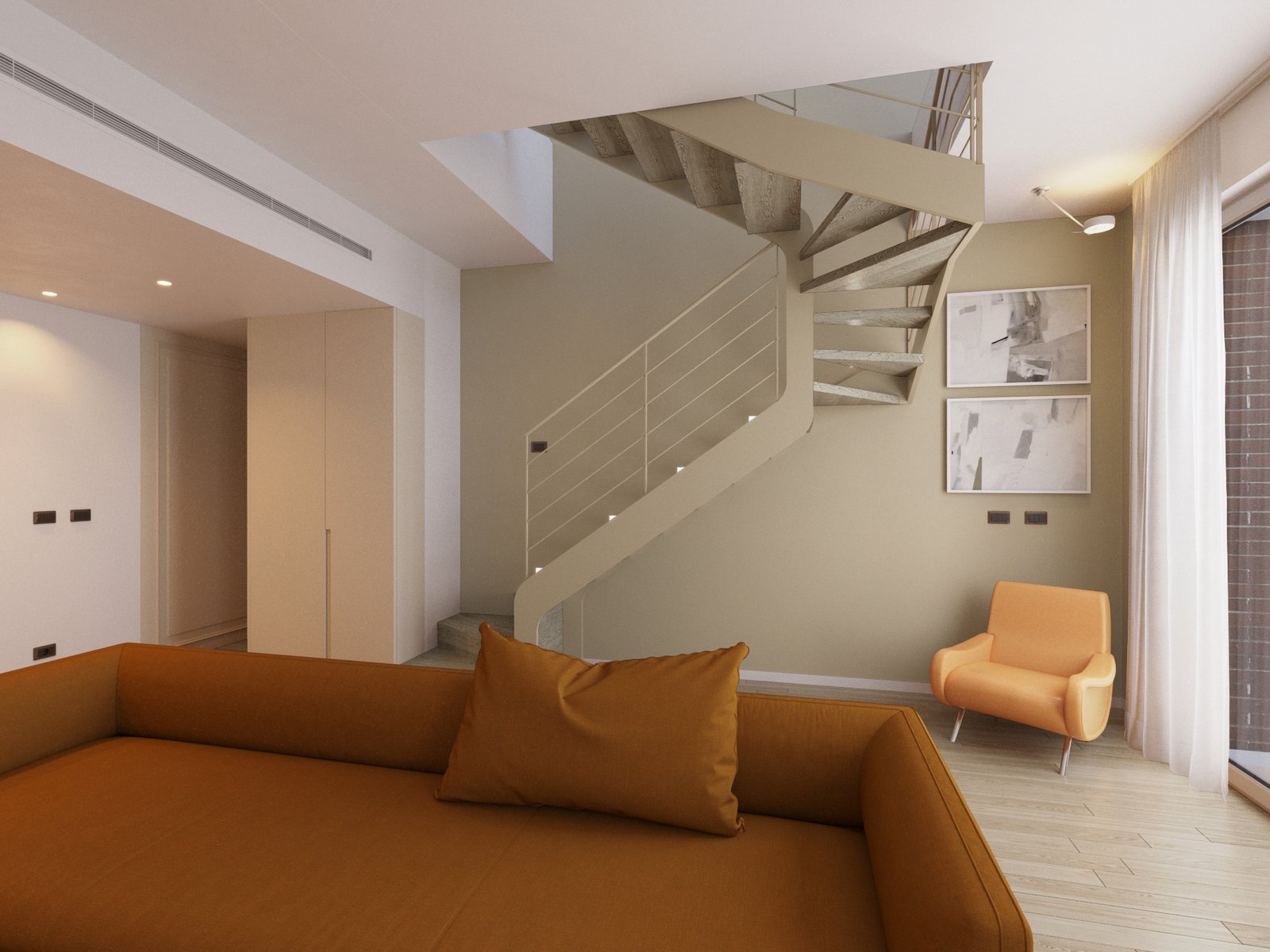 Visualizzazione 3D fotorealistica della zona giorno con scala e arredo caldo