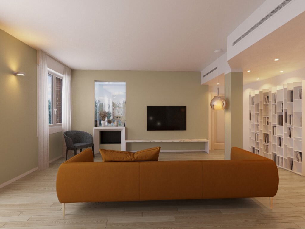Render interior design fotorealistico della zona giorno con divano dai toni caldi