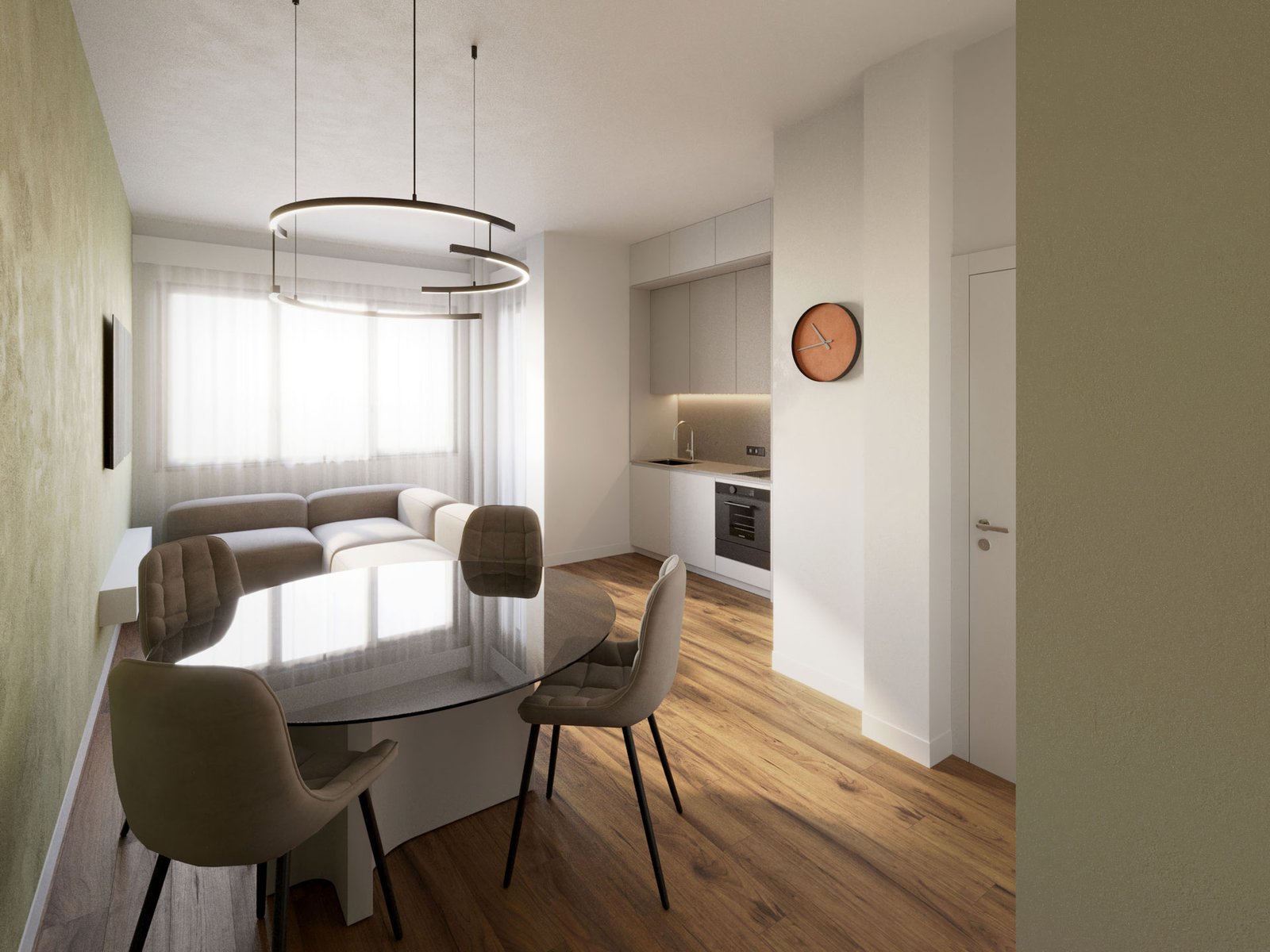 Render per investimenti immobiliari dell’appartamento 1 con zona giorno arredata e cucina a vista