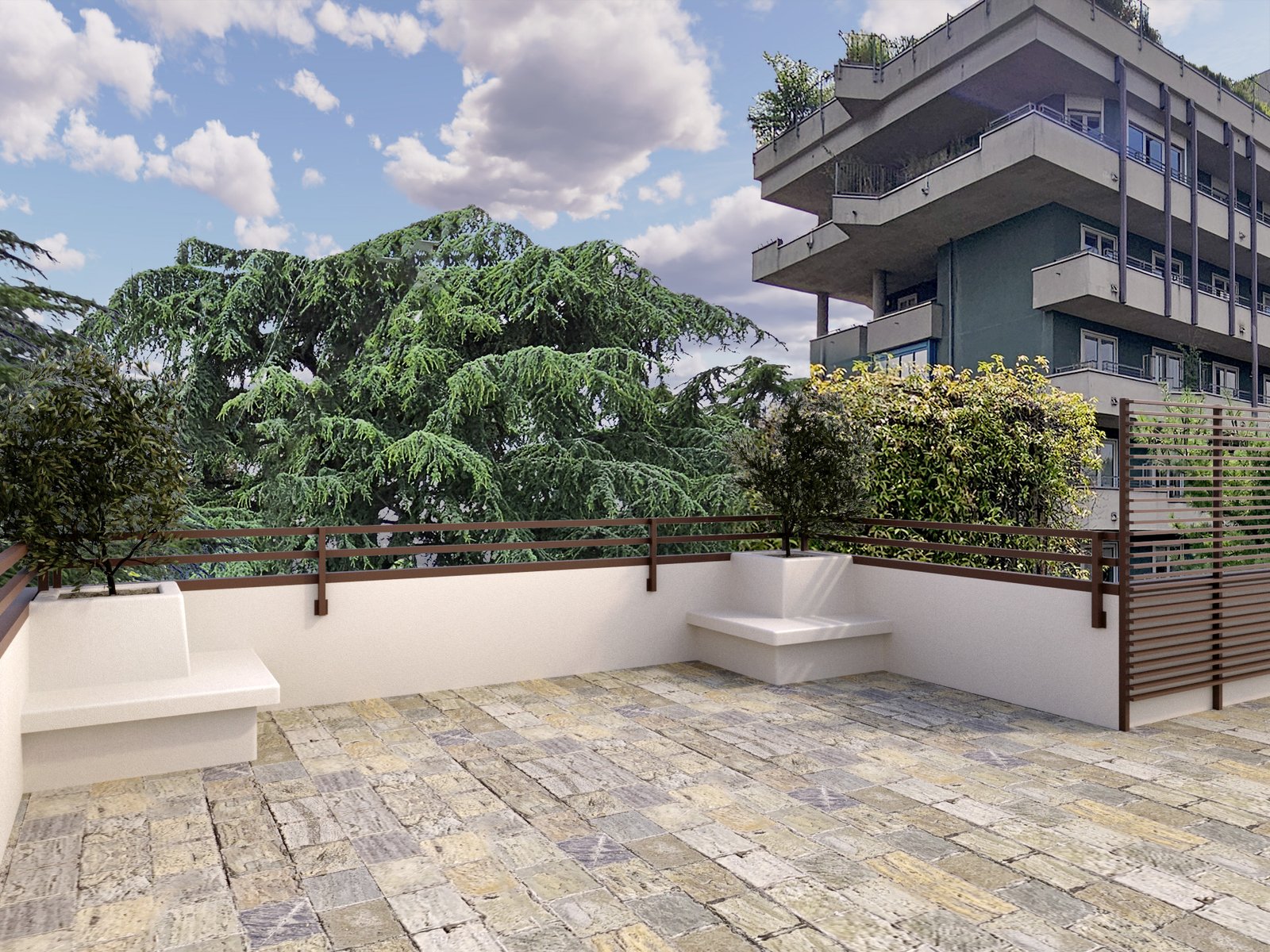 Render fotorealistico del terrazzo con panca muraria chiara e design minimale