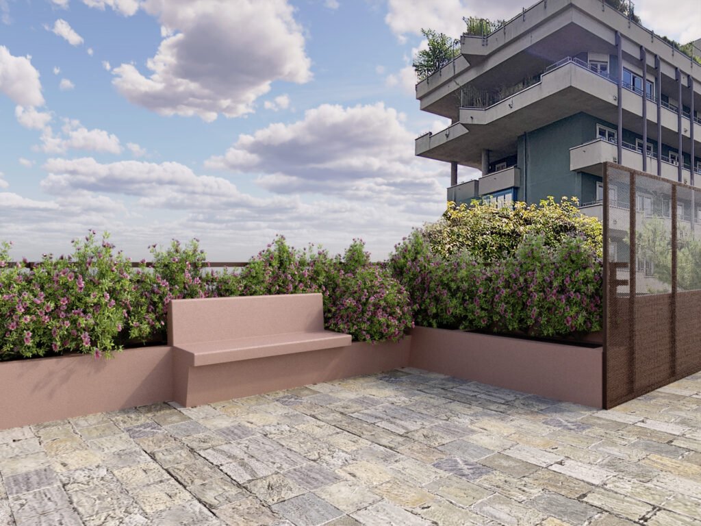 Visualizzazione 3D di terrazzo esterno con panca muraria e mesh metallica oscurante