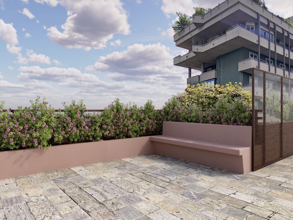 Render fotorealistico di terrazzo con panca integrata e schermatura per la privacy