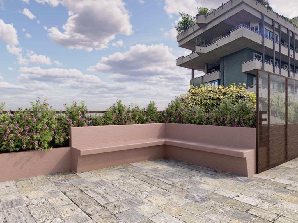Render 3D fotorealistico di terrazzo residenziale con panca muraria e verde perimetrale