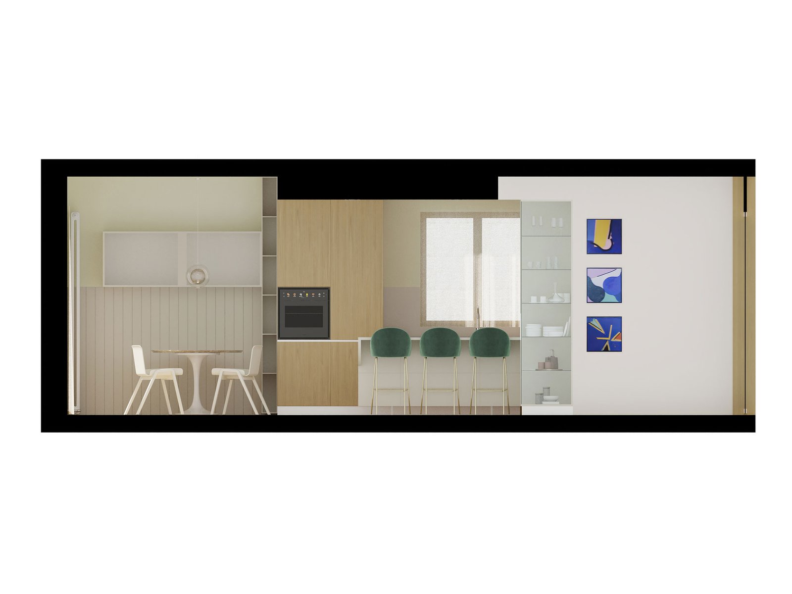 Rendering cucina open space con piano a induzione integrato, penisola sospesa e tavolo Tulip nella zona pranzo