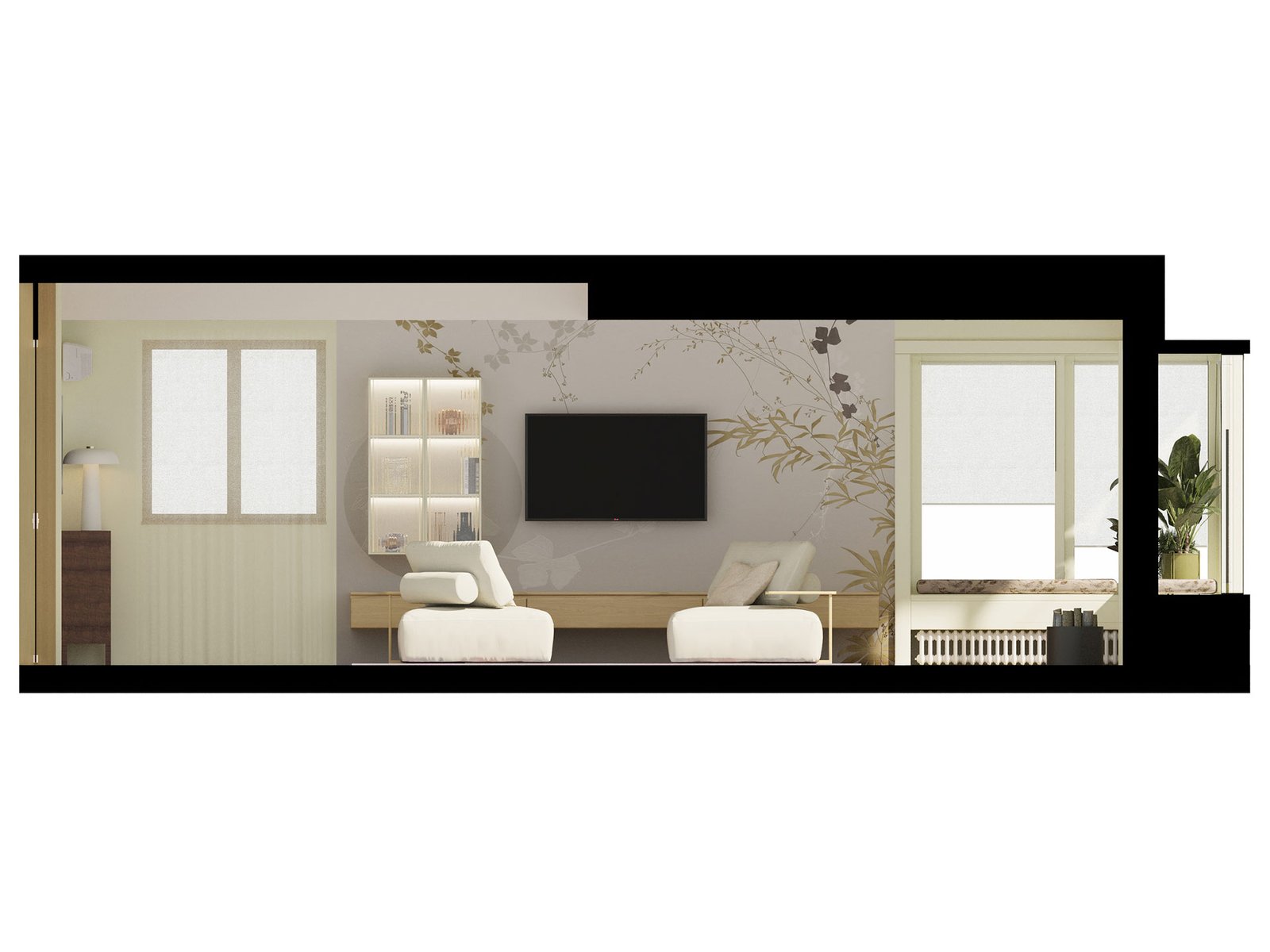 Rendering del living con bow window trasformata in area lettura, panche integrate e nuova disposizione degli arredi