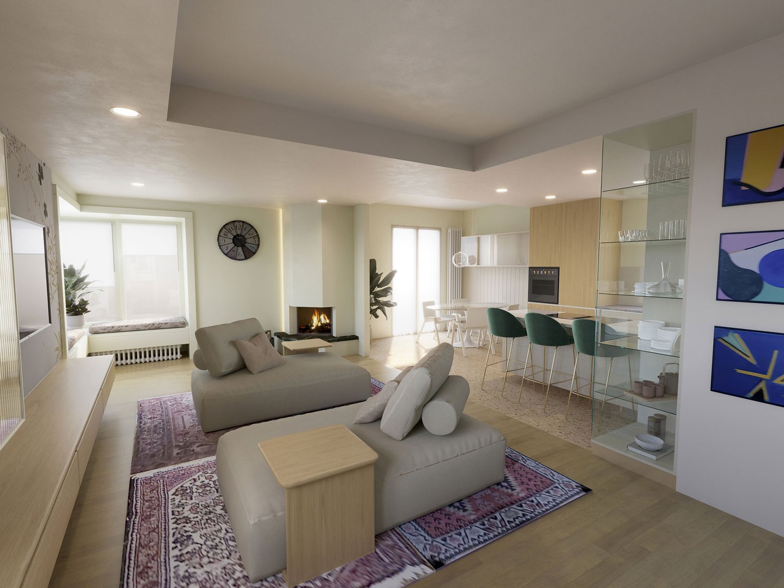 Rendering interior design del soggiorno con divani a isola, tappeti riposizionati e camino valorizzato da illuminazione LED