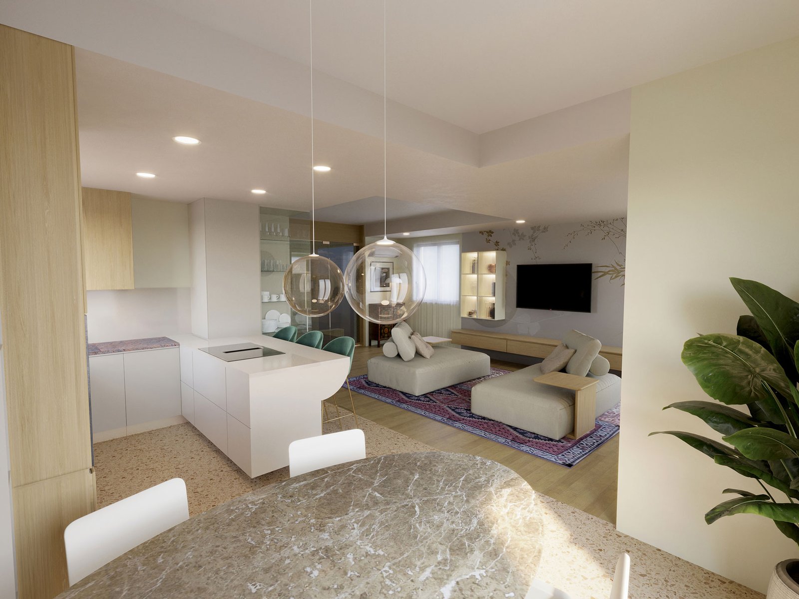 Rendering zona giorno open space con cucina a vista, penisola sospesa e area living ridisegnata per abitazione privata