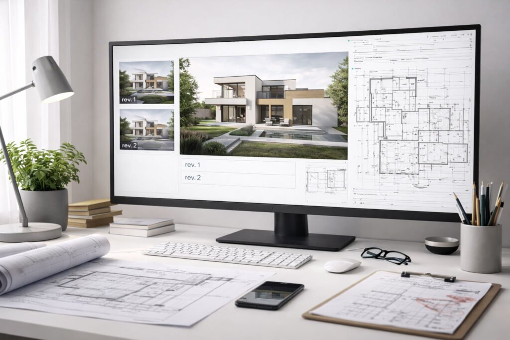 Postazione di lavoro con render architettonico su monitor e tavole progettuali per gestione revisioni