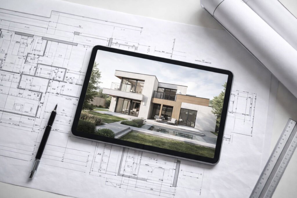 Render architettonico su tablet sopra tavole progettuali tecniche su scrivania bianca