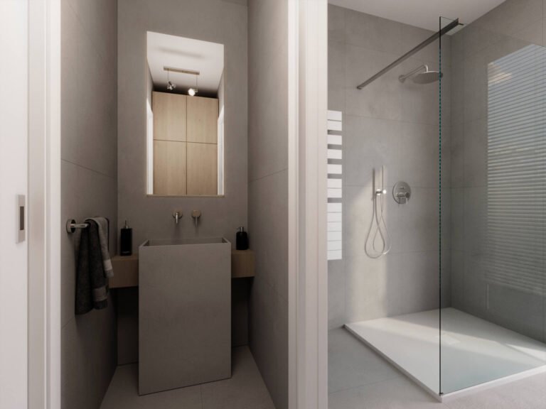 render antibagno con lavabo e doccia appartamento sottotetto Casteggio