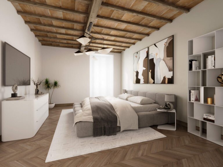 render camera matrimoniale sottotetto con travi in legno Casteggio