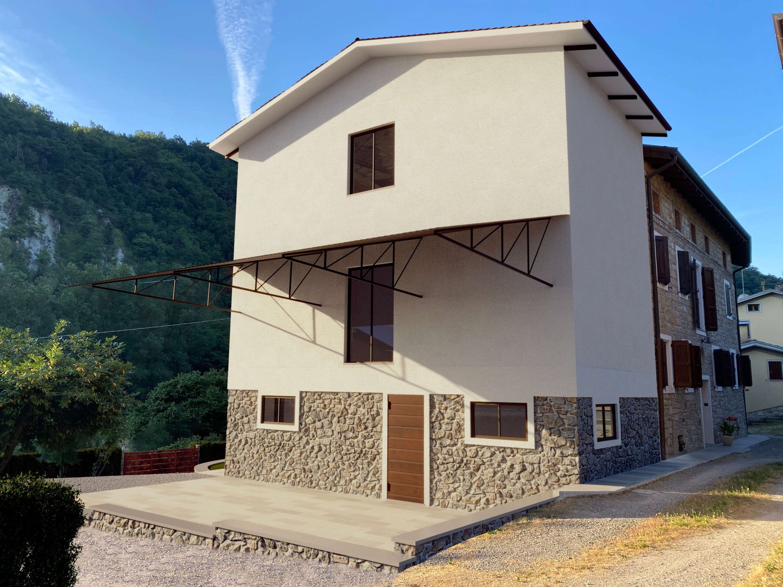 Fotoinserimento architettonico del rustico riqualificato con nuova facciata integrata nel contesto