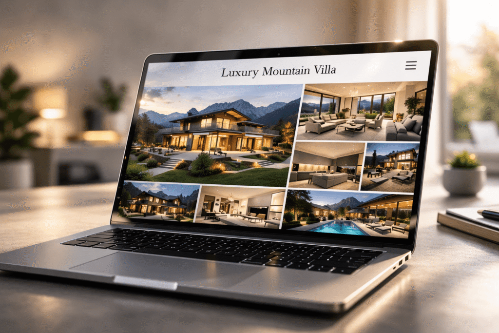 Esempio di minisito per marketing immobiliare con villa di lusso, immagini interne ed esterne su laptop