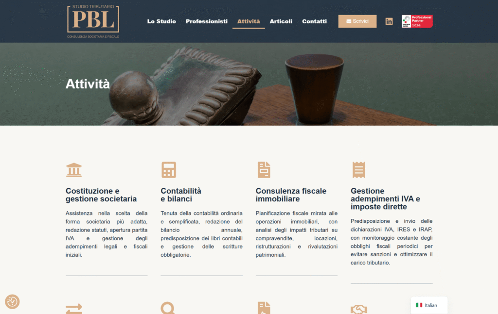 pagina attività sito web studio tributario Studio PBL con descrizione dei servizi e delle aree operative