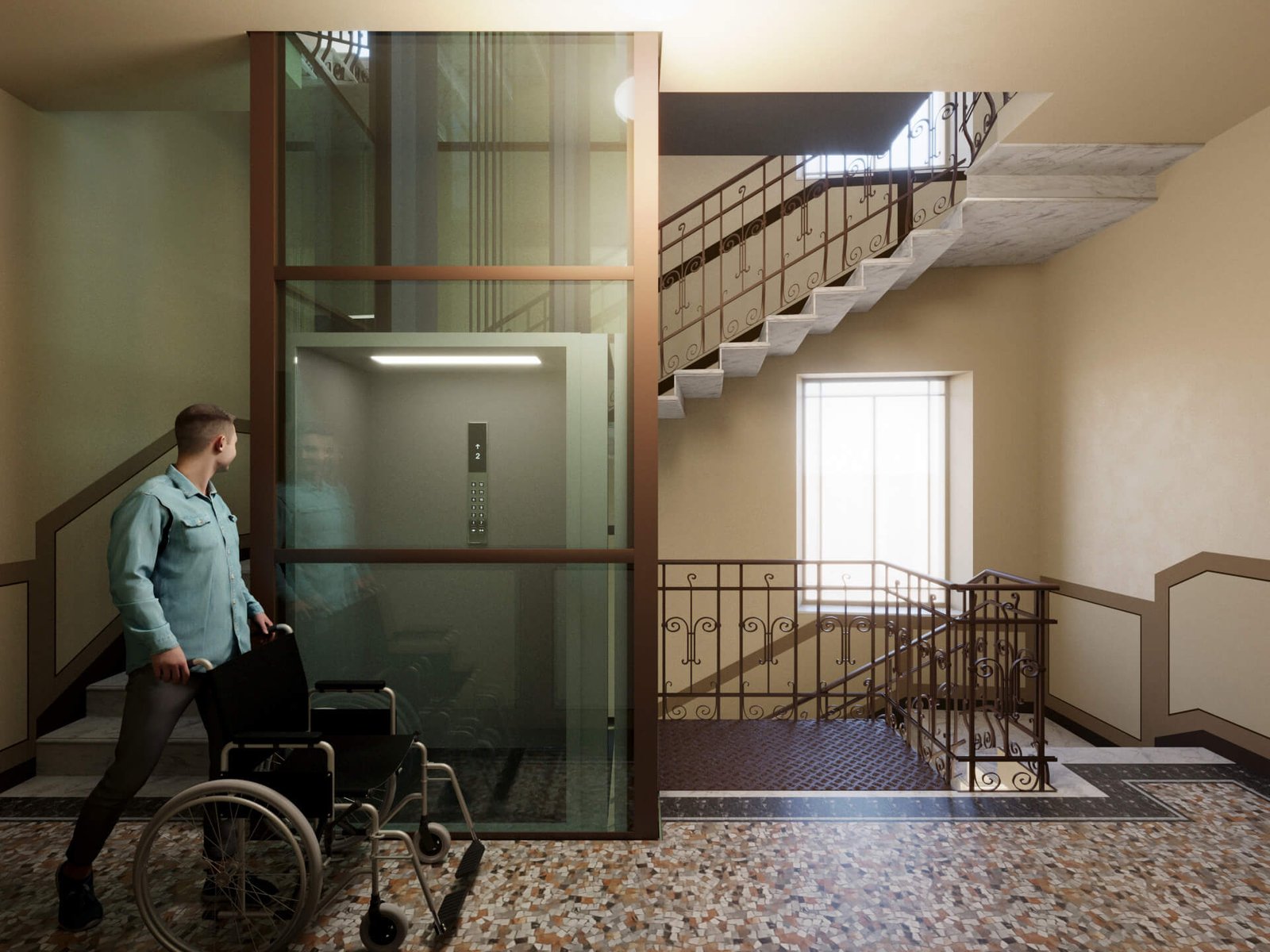 render inserimento ascensore accessibile con pedana in griglia metallica edificio milano