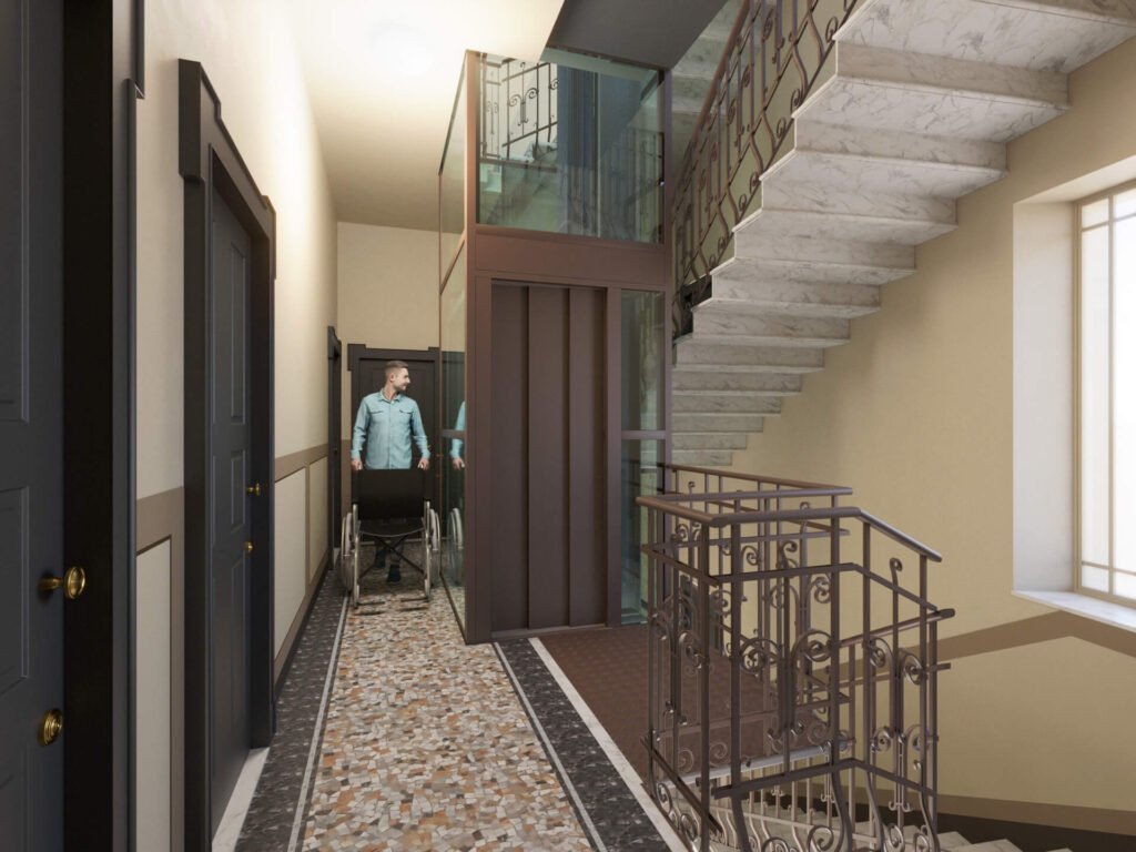 render inserimento ascensore con pedana in griglia metallica edificio esistente milano
