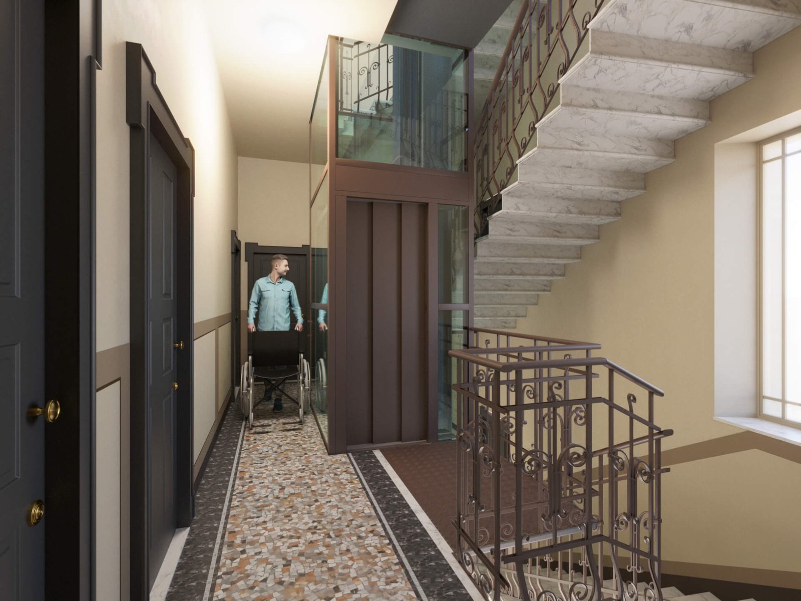 render inserimento ascensore con pedana in griglia metallica edificio esistente milano