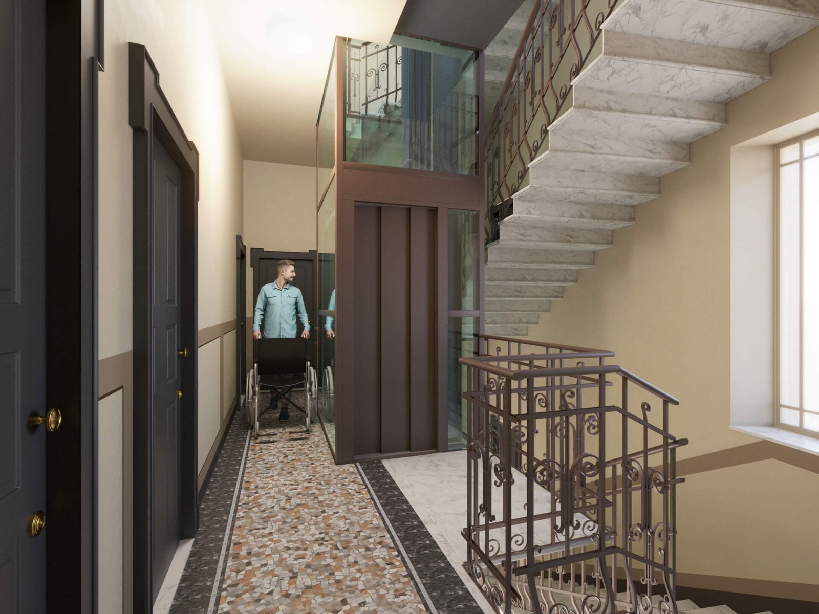 render inserimento ascensore con pedana in marmo edificio storico milano