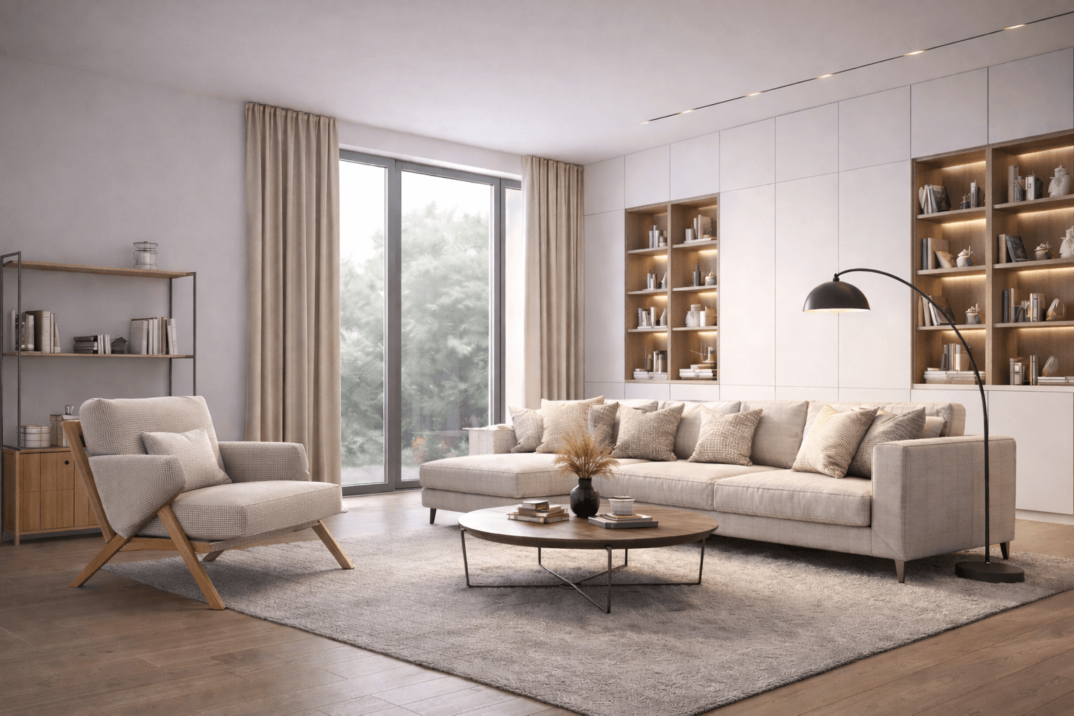 render fotorealistico di soggiorno moderno con divano, poltrona e parete attrezzata con libreria