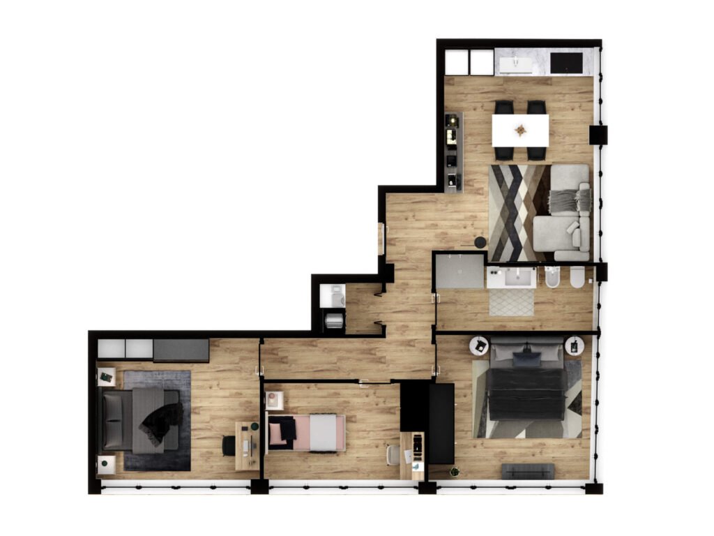 render quadrilocale Bologna planimetria 3D appartamento